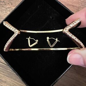 NEW V for Victorias Secret Gold Tone Crystal Chevron Cuff Bracelet and Earrings